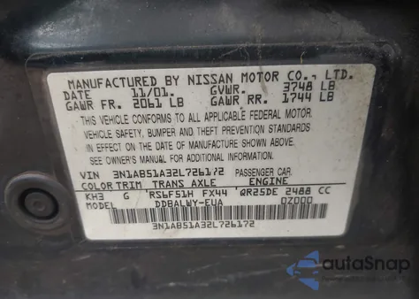 2002 Nissan Sentra Se-R Spec V из США, поврежденный, VIN 3N1AB51A32L726172